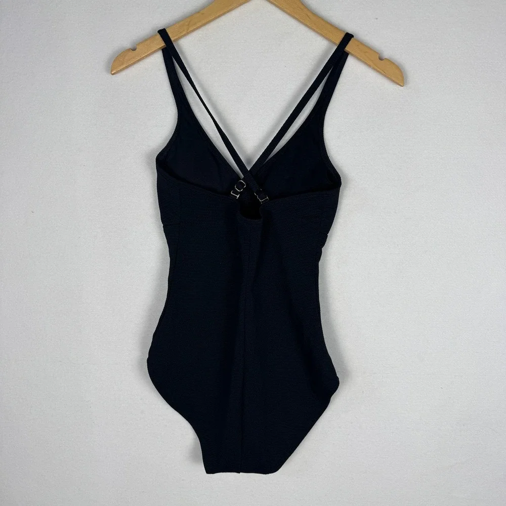 Catalina‎ Womens Black Ribbed One Piece Swimsuit Double Strap V-Neck Small 4-6